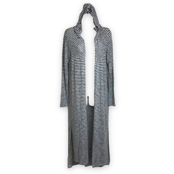 Copper Key Long Black White Stripe Duster Open Front Hooded Sweater Size Large - Picture 1 of 11